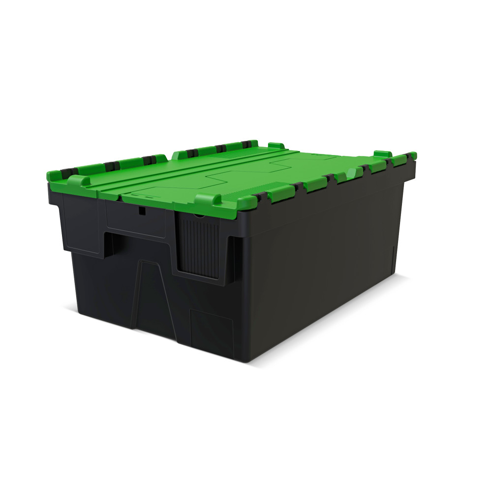 Productafbeelding nr. 1: Herbruikbare stapelbak van PP-regranulaat met klapdeksel, zwart/groen, 40 liter, 1 stuks/VE