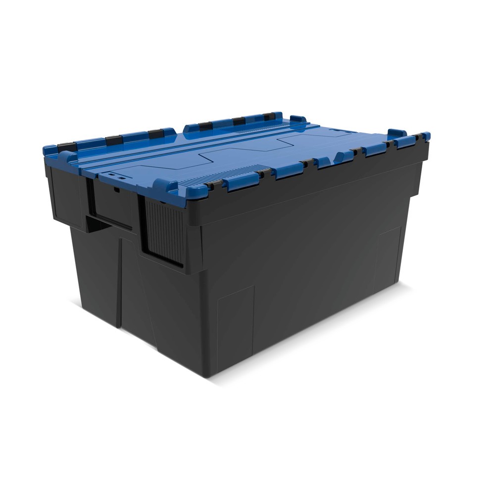 Productafbeelding nr. 1: Herbruikbare stapelbak van PP-regranulaat met klapdeksel, zwart/blauw, 56 liter, 1 stuks/VE