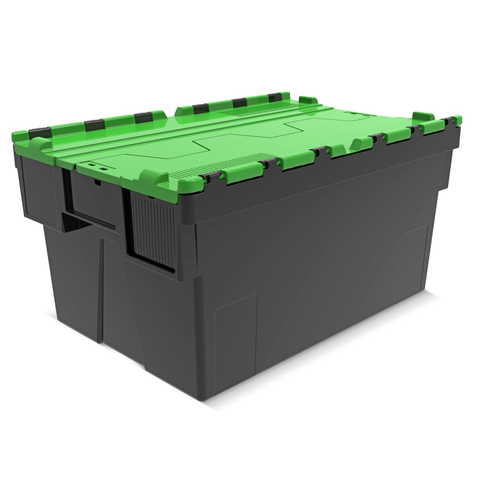 Product afbeelding: Herbruikbare stapelbak van PP-regranulaat met klapdeksel, zwart/groen, 56 liter, 1 stuks/VE