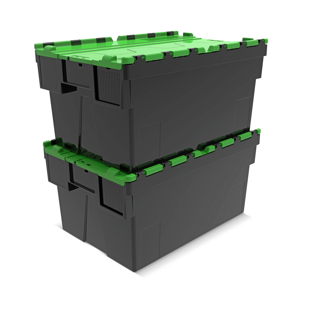 Productafbeelding nr. 7: Herbruikbare stapelbak van PP-regranulaat met klapdeksel, zwart/groen, 56 liter, 1 stuks/VE
