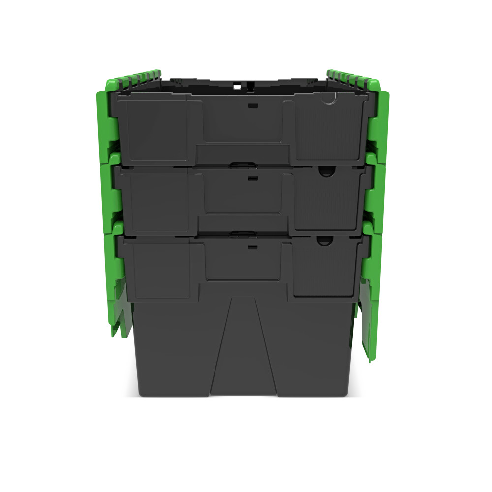 Productafbeelding nr. 9: Herbruikbare stapelbak van PP-regranulaat met klapdeksel, zwart/groen, 56 liter, 1 stuks/VE