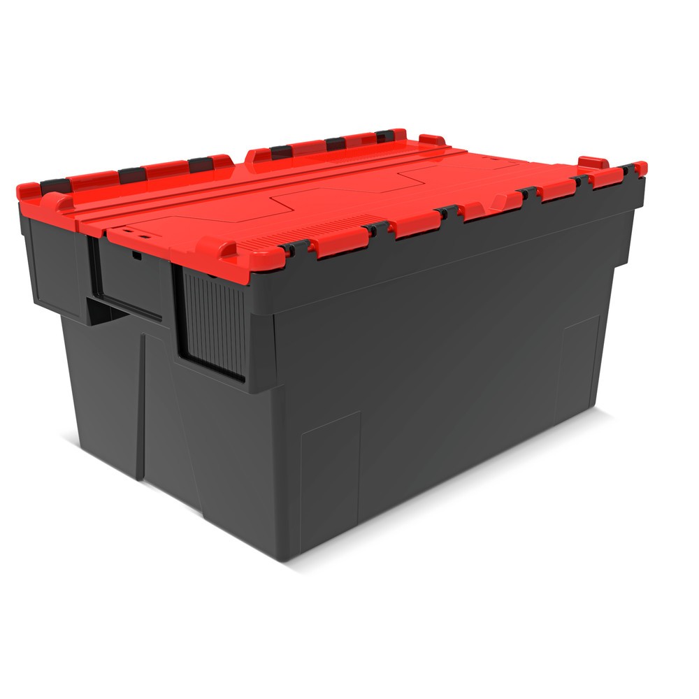 Productafbeelding nr. 1: Herbruikbare stapelbak van PP-regranulaat met klapdeksel, zwart/rood, 56 liter, 1 stuks/VE
