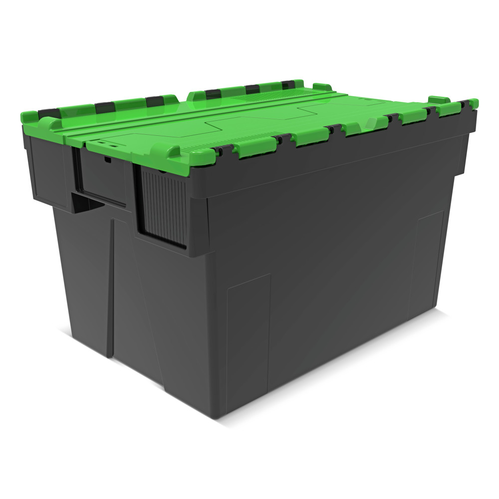 Productafbeelding nr. 1: Herbruikbare stapelbak van PP-regranulaat met klapdeksel, zwart/groen, 65 liter, 1 stuks/VE