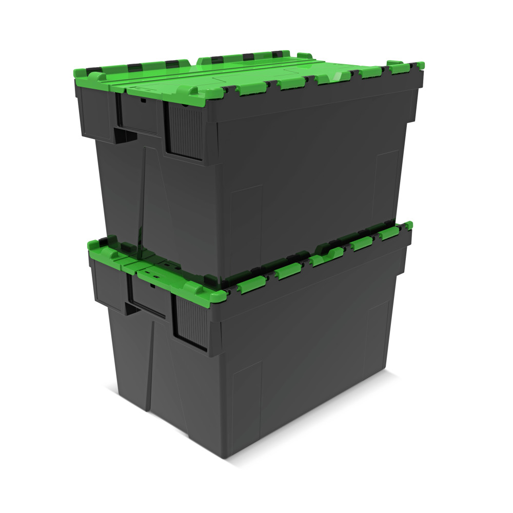 Productafbeelding nr. 7: Herbruikbare stapelbak van PP-regranulaat met klapdeksel, zwart/groen, 65 liter, 1 stuks/VE