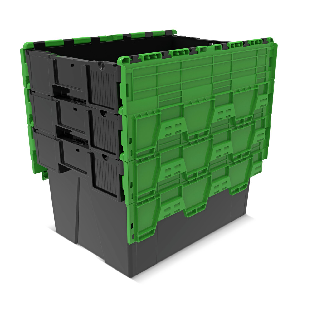 Productafbeelding nr. 8: Herbruikbare stapelbak van PP-regranulaat met klapdeksel, zwart/groen, 65 liter, 1 stuks/VE