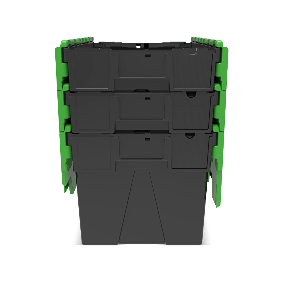 Productafbeelding nr. 9: Herbruikbare stapelbak van PP-regranulaat met klapdeksel, zwart/groen, 65 liter, 1 stuks/VE