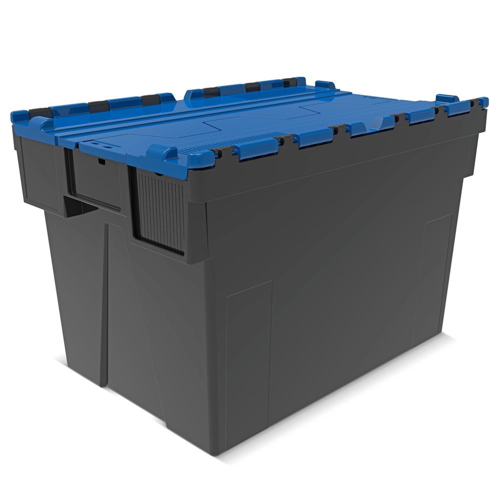 Product afbeelding: Herbruikbare stapelbak van PP-regranulaat met klapdeksel, zwart/blauw, 77 liter, 1 stuks/VE