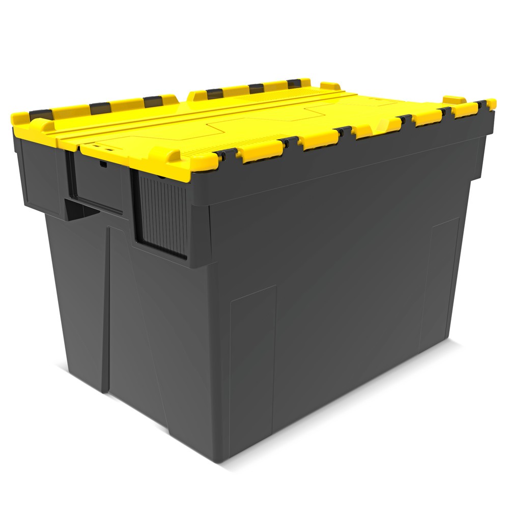 Product afbeelding: Herbruikbare stapelbak van PP-regranulaat met klapdeksel, zwart/geel, 77 liter, 1 stuks/VE