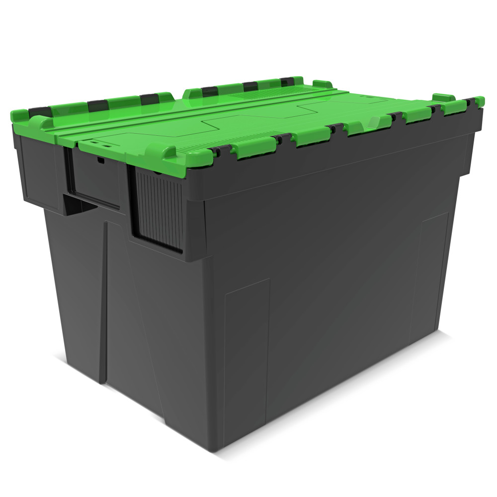 Productafbeelding nr. 1: Herbruikbare stapelbak van PP-regranulaat met klapdeksel, zwart/groen, 77 liter, 1 stuks/VE