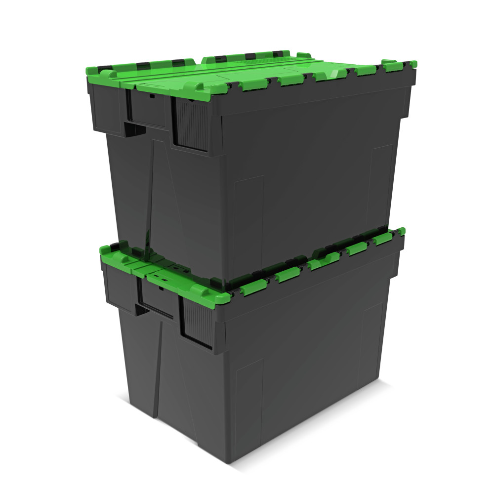 Productafbeelding nr. 7: Herbruikbare stapelbak van PP-regranulaat met klapdeksel, zwart/groen, 77 liter, 1 stuks/VE