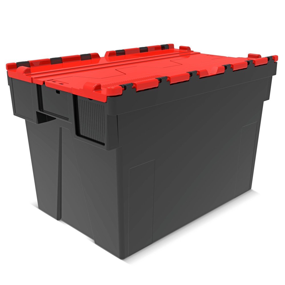 Productafbeelding nr. 1: Herbruikbare stapelbak van PP-regranulaat met klapdeksel, zwart/rood, 77 liter, 1 stuks/VE