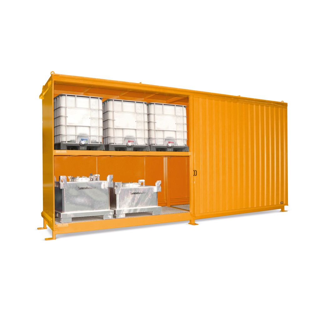 Productafbeelding nr. 2: Stellingcontainer voor 12x KTC/IBC, 2 niveaus, 2 schuifdeuren, geeloranje
