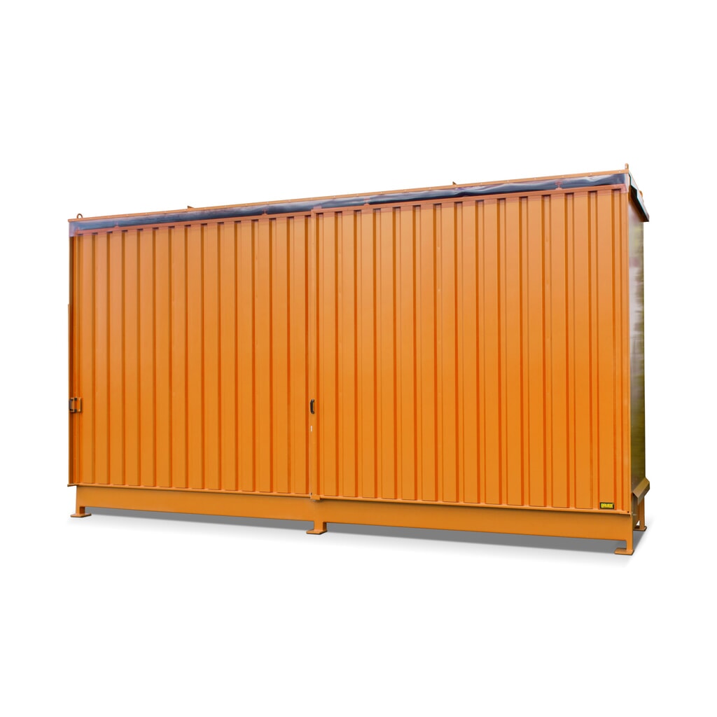 Stellingcontainer voor 8 x KTC/IBC, 2 niveaus, 2 schuifdeuren, geeloranje Product afbeelding: Stellingcontainer voor 8 x KTC/IBC, 2 niveaus, 2 schuifdeuren, geeloranje