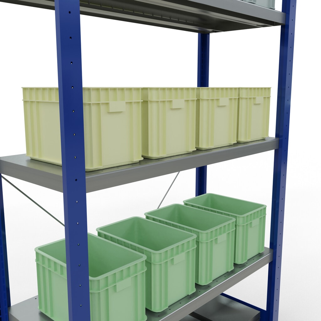 Productafbeelding nr. 4: Legbordstelling SCHULTE, gentiaanblauw / verzinkt, met 5 legborden van plaatstaal, vaklast 330 kg, hxbxd 2.000 x 1.060 x 436 mm