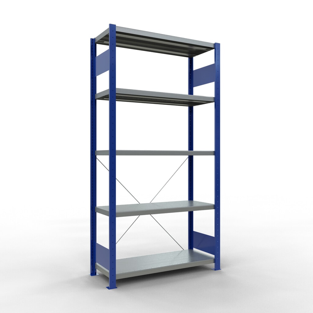 Legbordstelling SCHULTE, gentiaanblauw / verzinkt, met 5 legborden van plaatstaal, vaklast 330 kg, hxbxd 2.000 x 1.060 x 436 mm Product afbeelding: Legbordstelling SCHULTE, gentiaanblauw / verzinkt, met 5 legborden van plaatstaal, vaklast 330 kg, hxbxd 2.000 x 1.060 x 436 mm