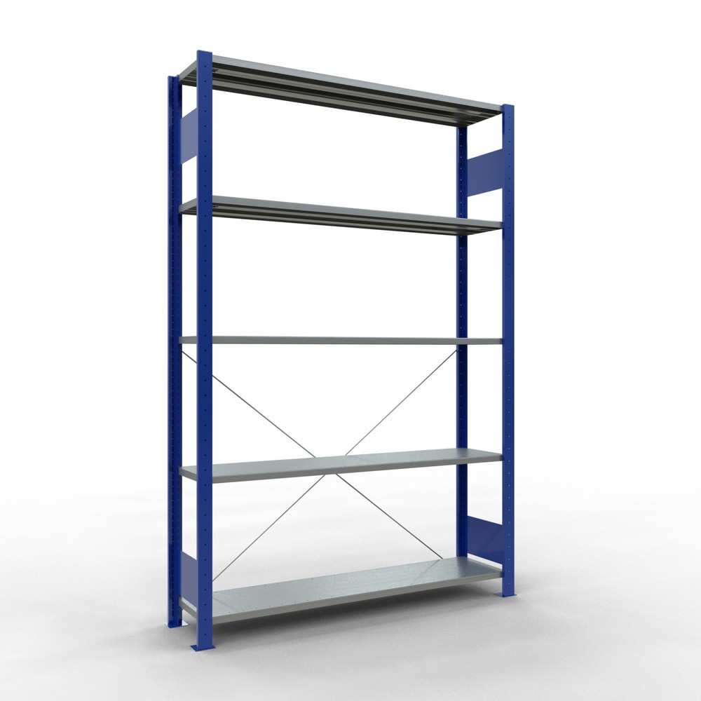 Product afbeelding: Legbordstelling SCHULTE, gentiaanblauw / verzinkt, met 5 legborden van plaatstaal, vaklast 150 kg, hxbxd 2.000 x 1.360 x 336 mm
