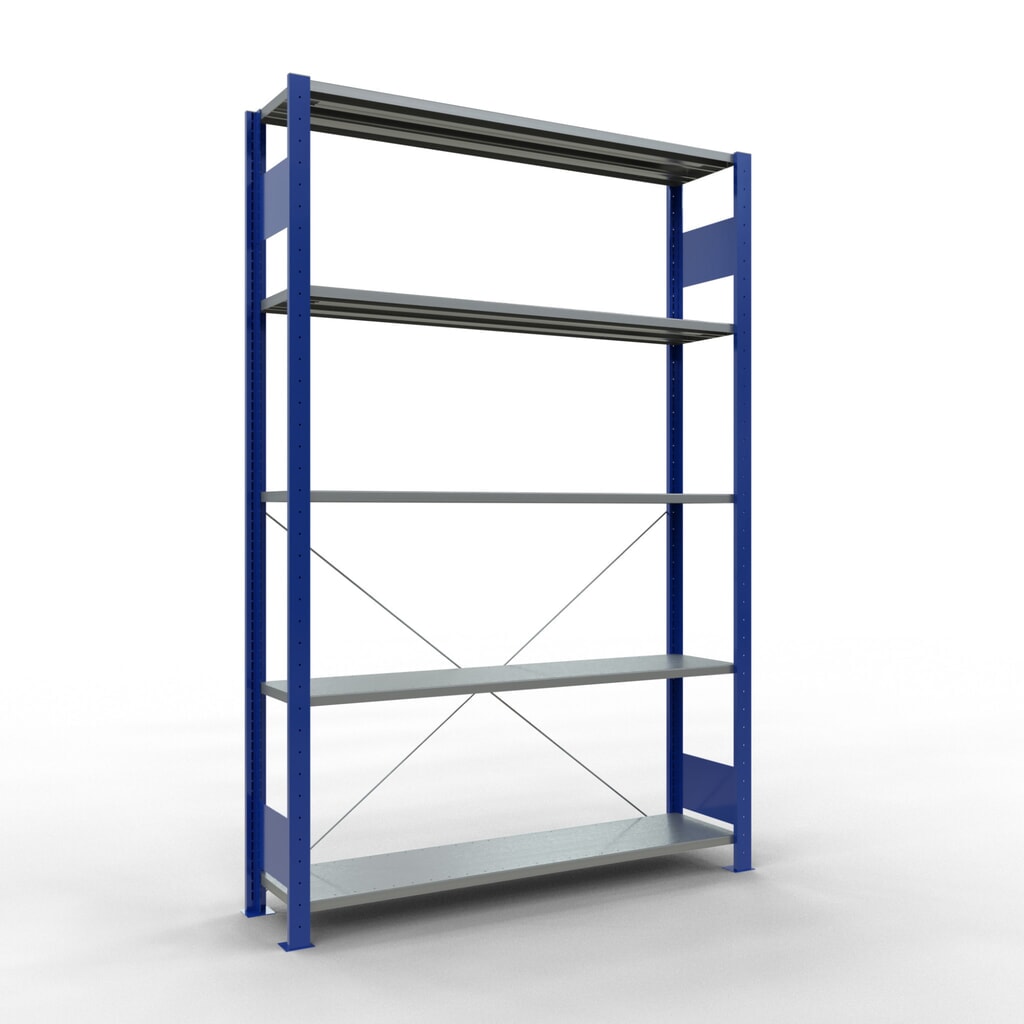 Product afbeelding: Legbordstelling SCHULTE, gentiaanblauw / verzinkt, met 5 legborden van plaatstaal, vaklast 150 kg, hxbxd 2.000 x 1.360 x 336 mm