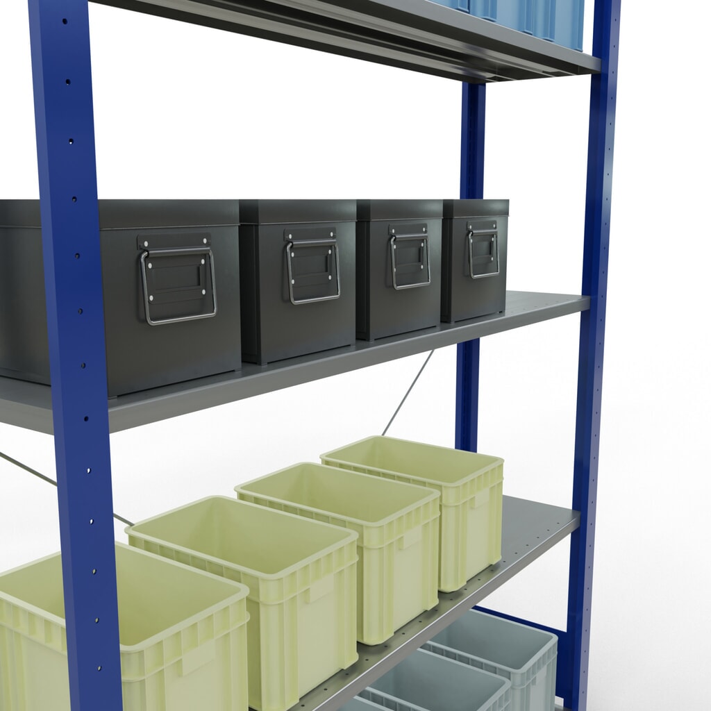 Productafbeelding nr. 3: Legbordstelling SCHULTE, gentiaanblauw / verzinkt, met 5 legborden van plaatstaal, vaklast 150 kg, hxbxd 2.000 x 1.360 x 336 mm