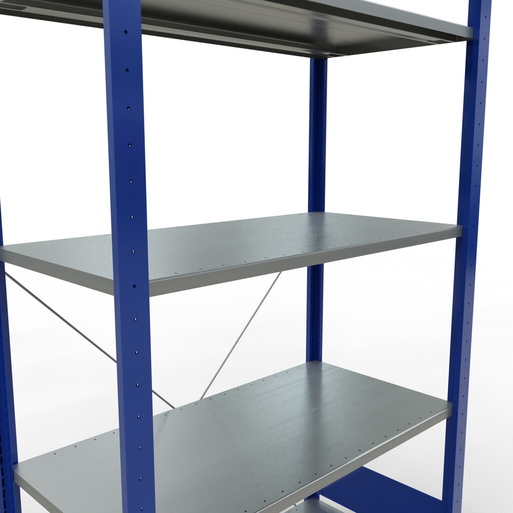 Productafbeelding nr. 2: Legbordstelling SCHULTE, gentiaanblauw / verzinkt, met 5 legborden van plaatstaal, vaklast 150 kg, hxbxd 2.000 x 1.060 x 536 mm