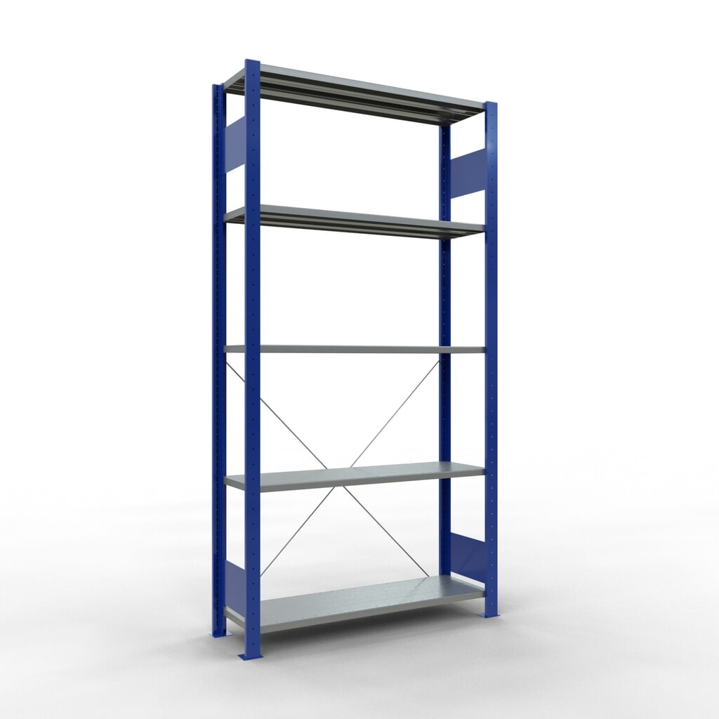 Product afbeelding: Legbordstelling SCHULTE, gentiaanblauw / verzinkt, met 5 legborden van plaatstaal, vaklast 150 kg, hxbxd 2.000 x 1.060 x 336 mm