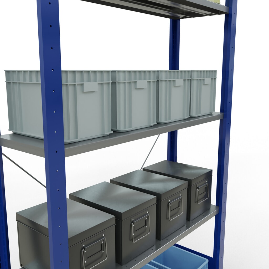 Productafbeelding nr. 3: Legbordstelling SCHULTE, gentiaanblauw / verzinkt, met 5 legborden van plaatstaal, vaklast 150 kg, hxbxd 2.000 x 1.060 x 336 mm