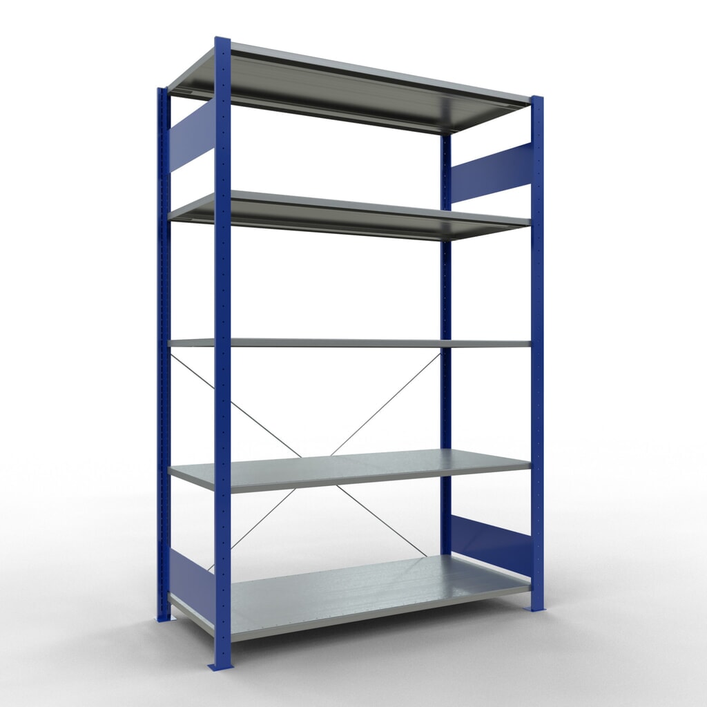 Legbordstelling SCHULTE, gentiaanblauw / verzinkt, met 5 legborden van plaatstaal, vaklast 150 kg, hxbxd 2.000 x 1.360 x 636 mm Product afbeelding: Legbordstelling SCHULTE, gentiaanblauw / verzinkt, met 5 legborden van plaatstaal, vaklast 150 kg, hxbxd 2.000 x 1.360 x 636 mm