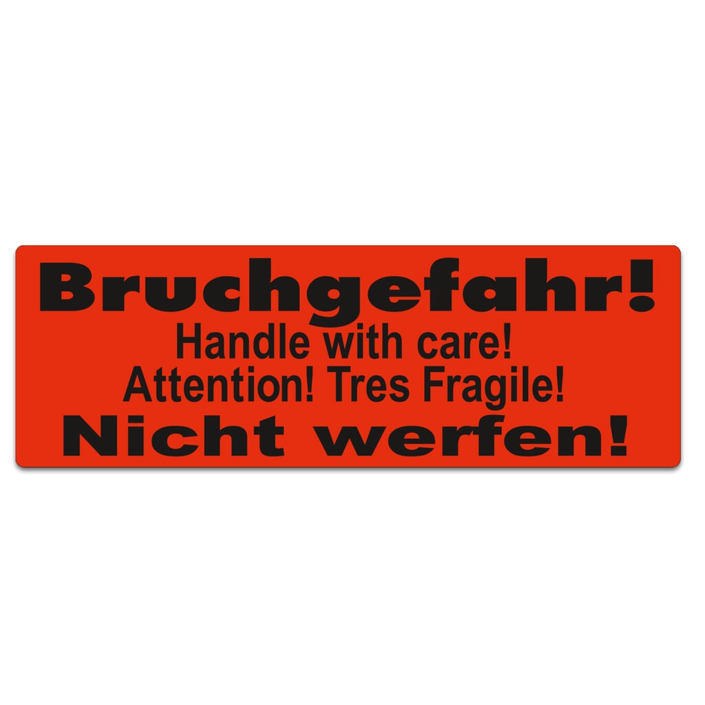 Stickers "Bruchgefahr! Nicht werfen!", Duits, Engels, Frans, b x l 150 x 50 mm, 1.000 stuks/verpakkingseenheid Product afbeelding: Stickers "Bruchgefahr! Nicht werfen!", Duits, Engels, Frans, b x l 150 x 50 mm, 1.000 stuks/verpakkingseenheid