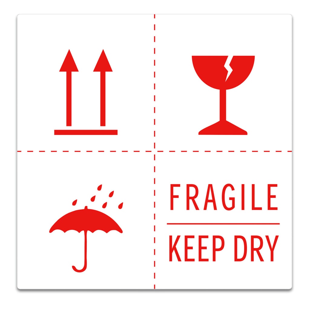 Stickers "Fragile + Keep dry + paraplusymbool + pijl naar boven", b x l 100 x 100 mm, 1.000 stuks/verpakkingseenheid Product afbeelding: Stickers "Fragile + Keep dry + paraplusymbool + pijl naar boven", b x l 100 x 100 mm, 1.000 stuks/verpakkingseenheid