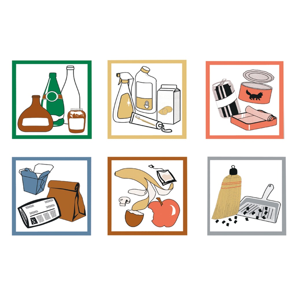 Productafbeelding nr. 1: Stickerset voor kringloopafvalbak stumpf®, vierkant, waterdicht, 6 stuks per verpakkingseenheid