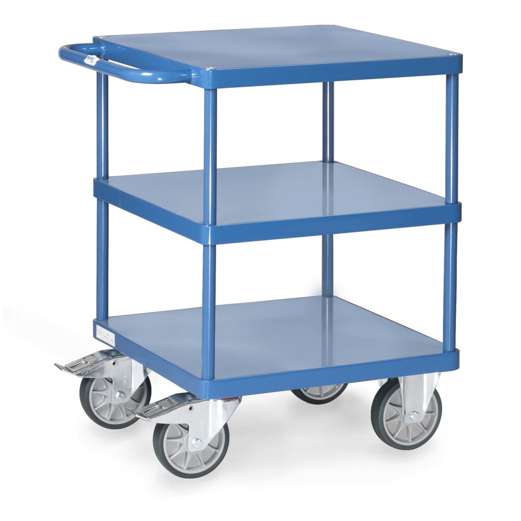 Tafel- en montagewagen fetra® met 3 legborden van plaatstaal van 600 x 600 mm Product afbeelding: Tafel- en montagewagen fetra® met 3 legborden van plaatstaal van 600 x 600 mm
