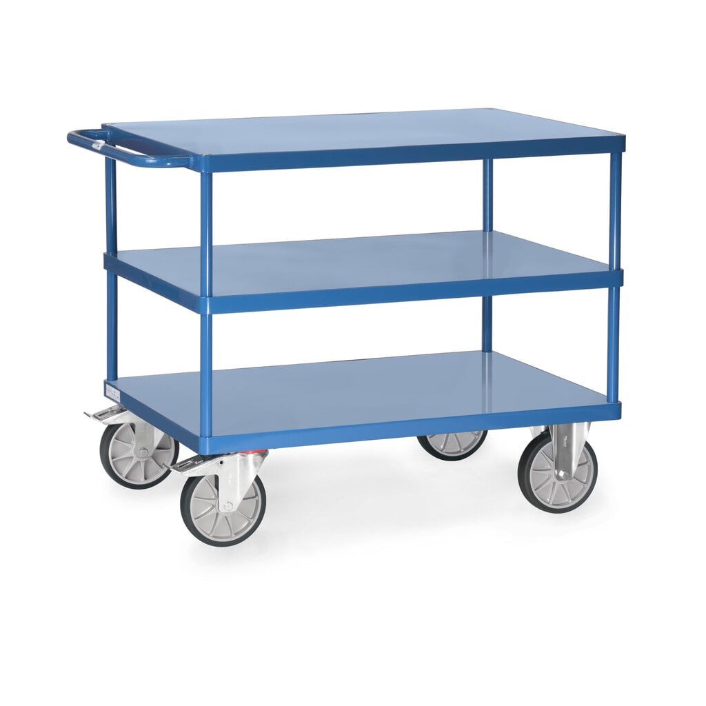 Tafel- en montagewagen fetra® met 3 legborden van plaatstaal van 1.000 x 600 mm Product afbeelding: Tafel- en montagewagen fetra® met 3 legborden van plaatstaal van 1.000 x 600 mm