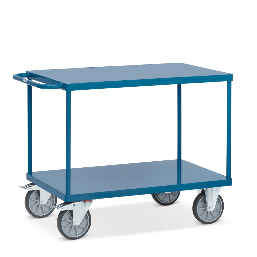 Tafel- en montagewagen fetra® met legborden van plaatstaal