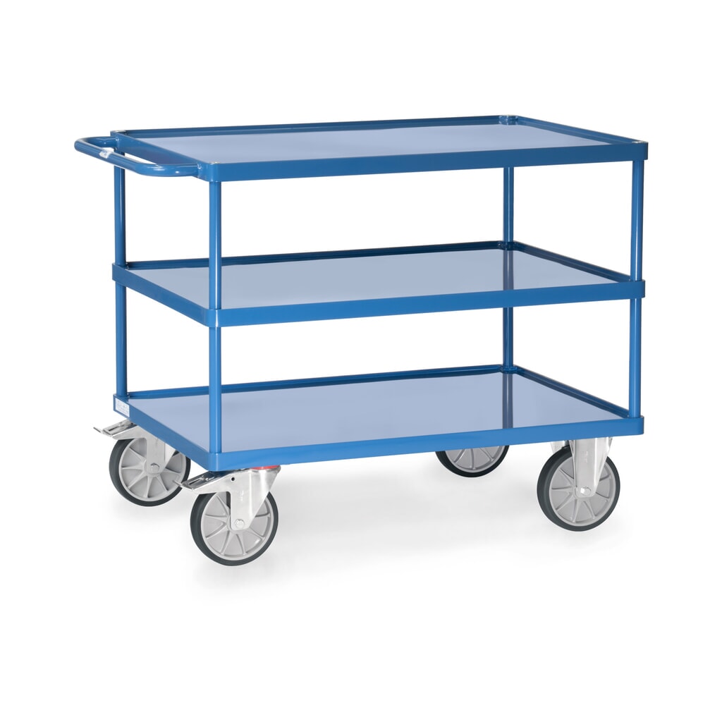 Tafel- en montagewagen fetra® met 3 lekbakken van plaatstaal, laadvlak 1.000 x 600 mm Product afbeelding: Tafel- en montagewagen fetra® met 3 lekbakken van plaatstaal, laadvlak 1.000 x 600 mm