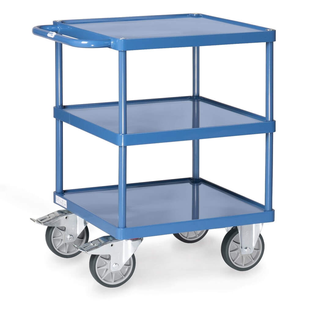 Tafel- en montagewagen fetra® met 3 lekbakken van plaatstaal, laadvlak 600 x 600 mm Product afbeelding: Tafel- en montagewagen fetra® met 3 lekbakken van plaatstaal, laadvlak 600 x 600 mm