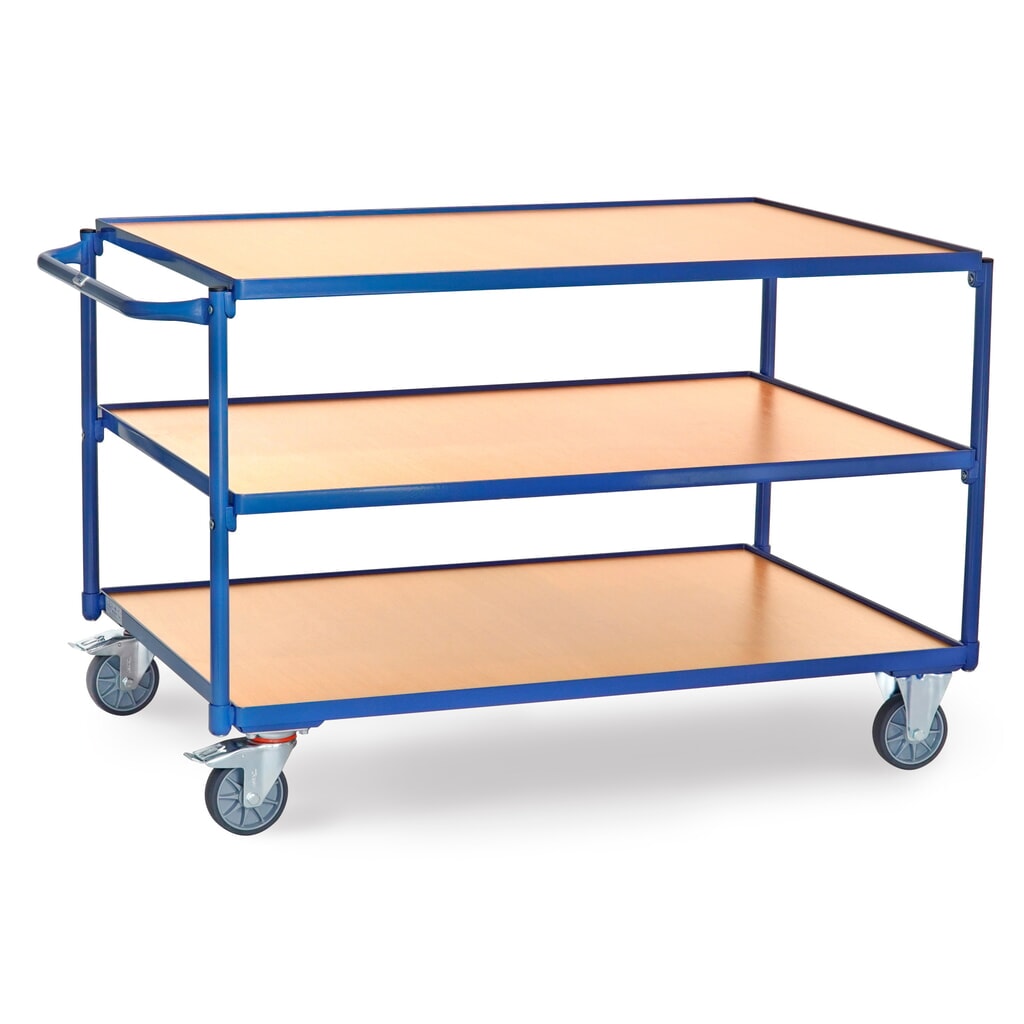 Tafelwagen fetra®, draagvermogen 300 kg, 3 etages van 1.200 x 800 mm, horizontale duwbeugel Product afbeelding: Tafelwagen fetra®, draagvermogen 300 kg, 3 etages van 1.200 x 800 mm, horizontale duwbeugel