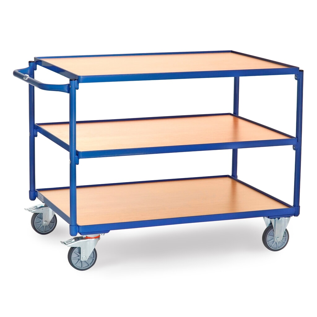 Tafelwagen fetra®, draagvermogen 300 kg, 3 etages van 1.000 x 700 mm, horizontale duwbeugel Product afbeelding: Tafelwagen fetra®, draagvermogen 300 kg, 3 etages van 1.000 x 700 mm, horizontale duwbeugel