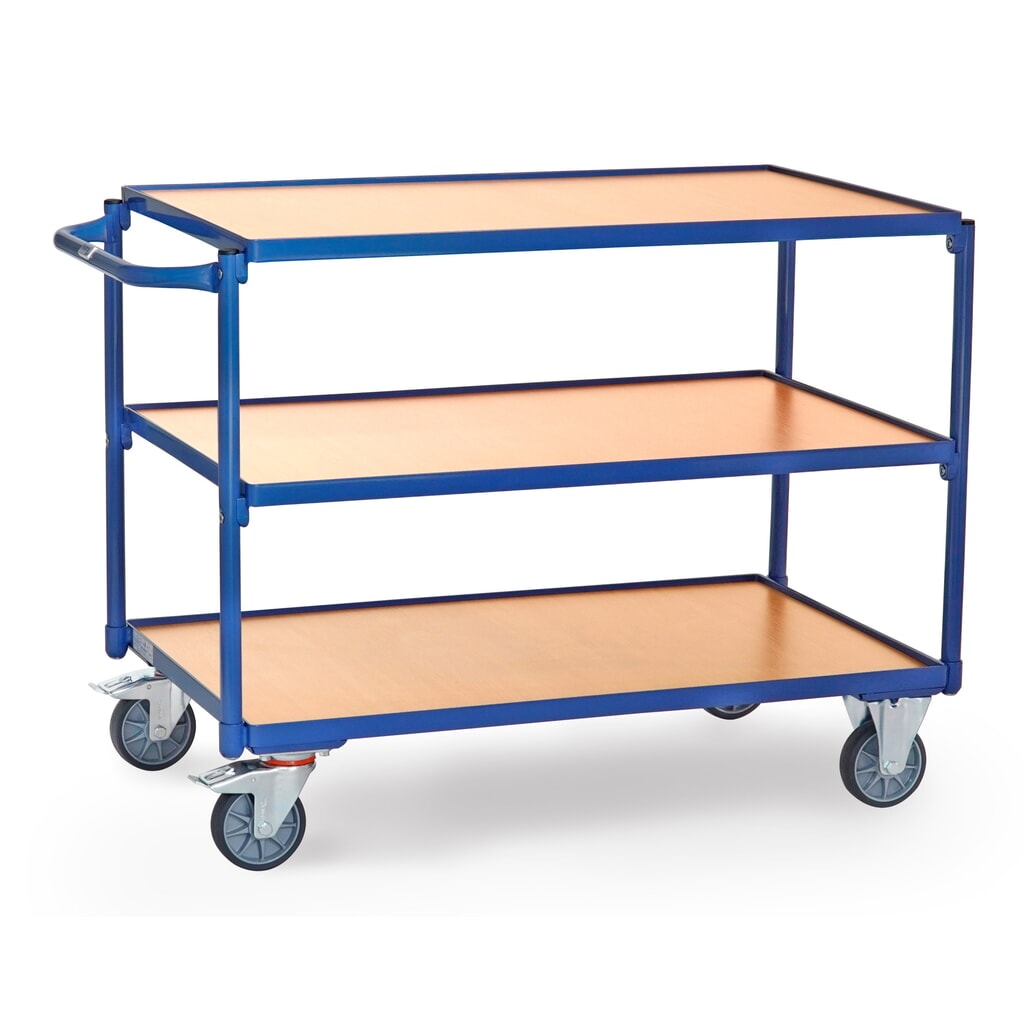 Tafelwagen fetra®, draagvermogen 300 kg, 3 etages van 1.000 x 600 m, horizontale duwbeugel Product afbeelding: Tafelwagen fetra®, draagvermogen 300 kg, 3 etages van 1.000 x 600 m, horizontale duwbeugel