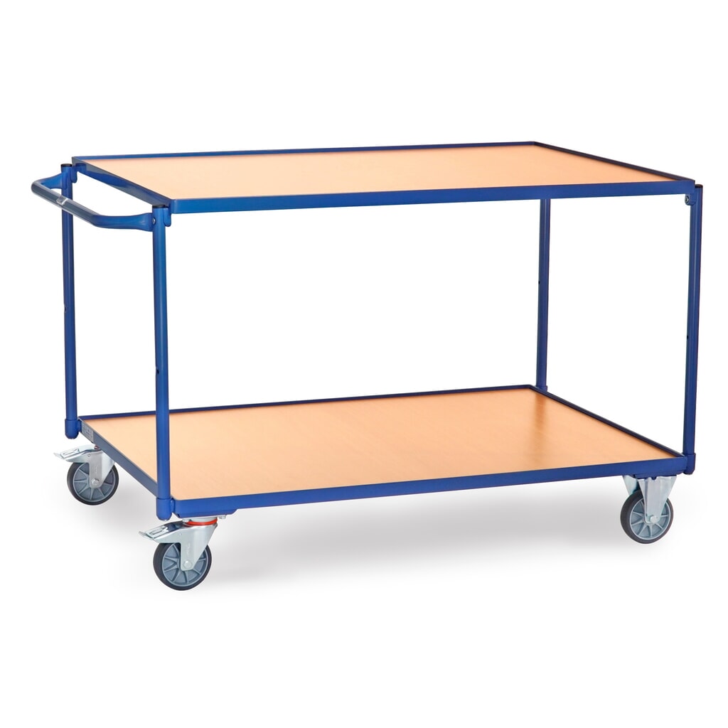 Tafelwagen fetra®, draagvermogen 300 kg, 2 etages van 1.200 x 800 mm, horizontale duwbeugel Product afbeelding: Tafelwagen fetra®, draagvermogen 300 kg, 2 etages van 1.200 x 800 mm, horizontale duwbeugel