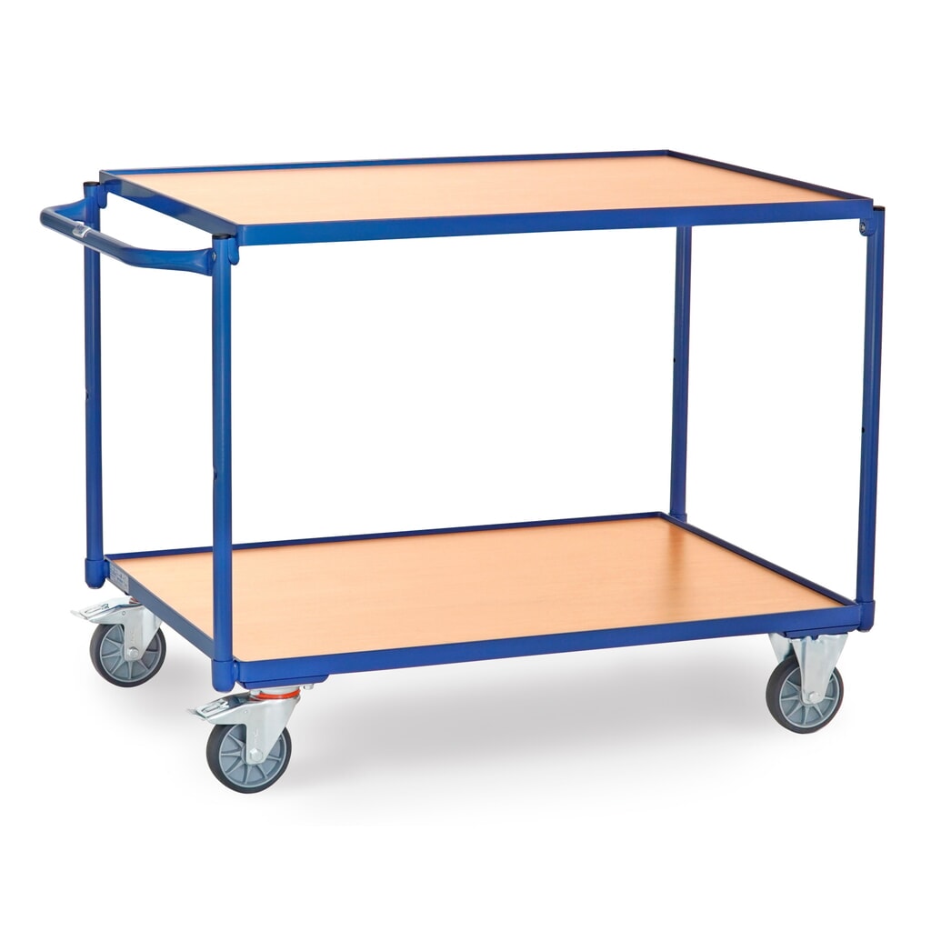 Tafelwagen fetra®, draagvermogen 300 kg, 2 etages van 1.000 x 700 mm, horizontale duwbeugel Product afbeelding: Tafelwagen fetra®, draagvermogen 300 kg, 2 etages van 1.000 x 700 mm, horizontale duwbeugel