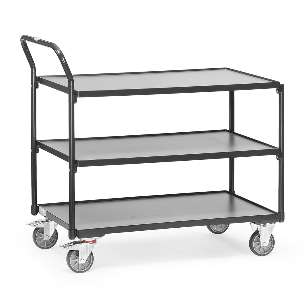Product afbeelding: Tafelwagen fetra®, draagvermogen 300 kg, 3 etages van 1.000 x 600 mm, hoog aangebrachte duwbeugel, antracietgrijs