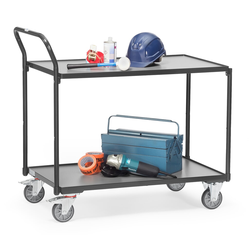 Tafelwagen fetra®, draagvermogen 300 kg, 2 etages van 1.000 x 600 mm, hoog aangebrachte duwbeugel, antracietgrijs Productafbeelding nr. 3: Tafelwagen fetra®, draagvermogen 300 kg, 2 etages van 1.000 x 600 mm, hoog aangebrachte duwbeugel, antracietgrijs