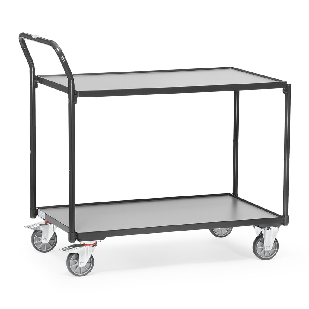 Tafelwagen fetra®, draagvermogen 300 kg, 2 etages van 1.000 x 600 mm, hoog aangebrachte duwbeugel, antracietgrijs Product afbeelding: Tafelwagen fetra®, draagvermogen 300 kg, 2 etages van 1.000 x 600 mm, hoog aangebrachte duwbeugel, antracietgrijs