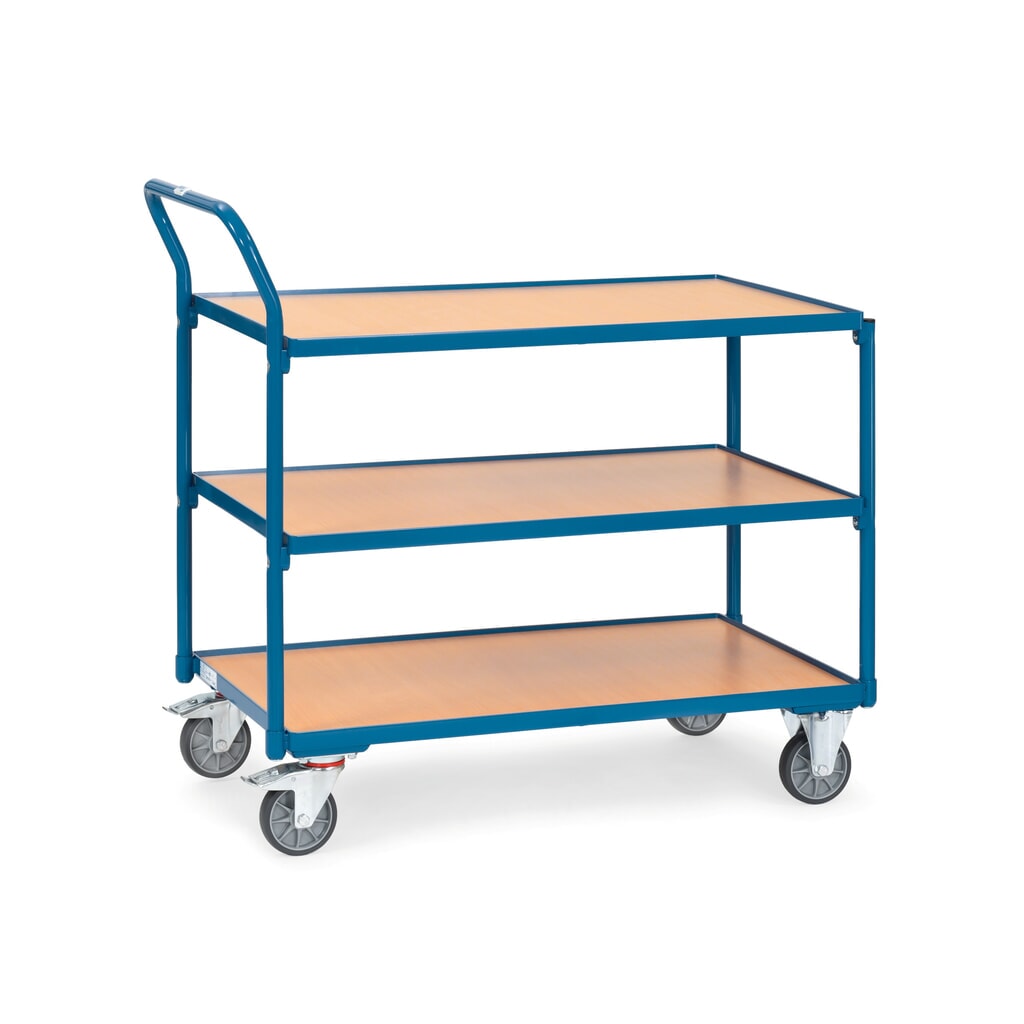 Product afbeelding: Tafelwagen fetra®, draagvermogen 300 kg, 3 etages van 1.000 x 600 mm, hoog aangebrachte duwbeugel