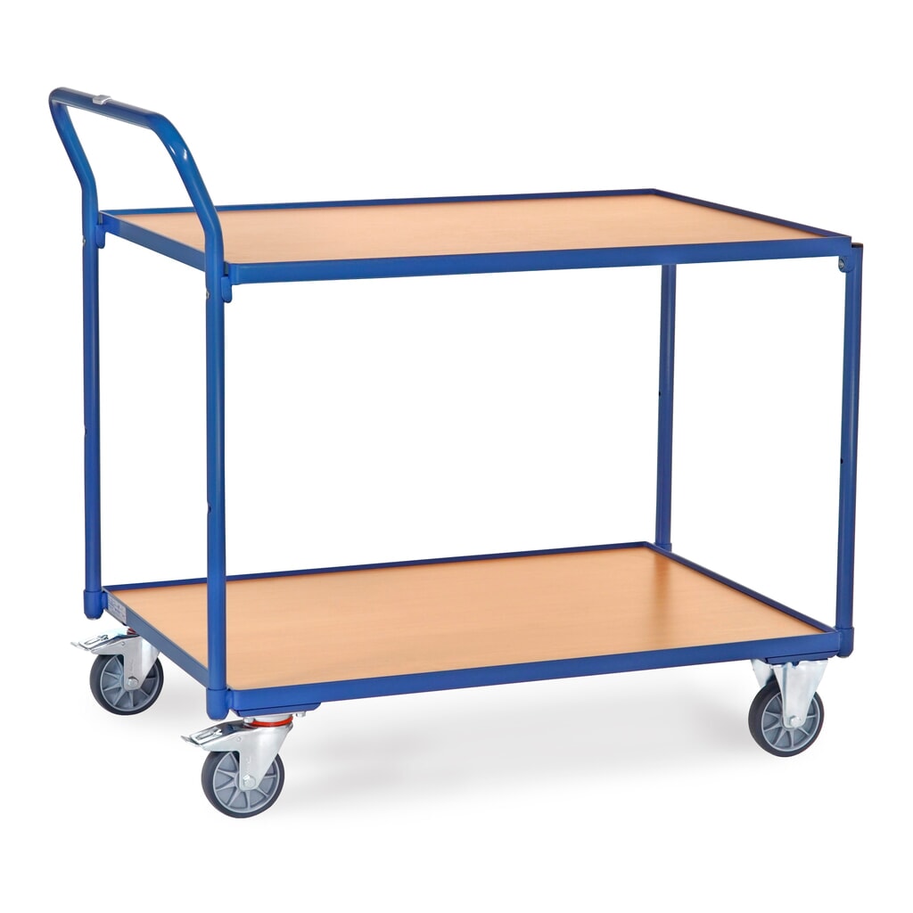 Tafelwagen fetra®, draagvermogen 300 kg, 2 etages van 1.000 x 700 mm, hoog aangebrachte duwbeugel Product afbeelding: Tafelwagen fetra®, draagvermogen 300 kg, 2 etages van 1.000 x 700 mm, hoog aangebrachte duwbeugel
