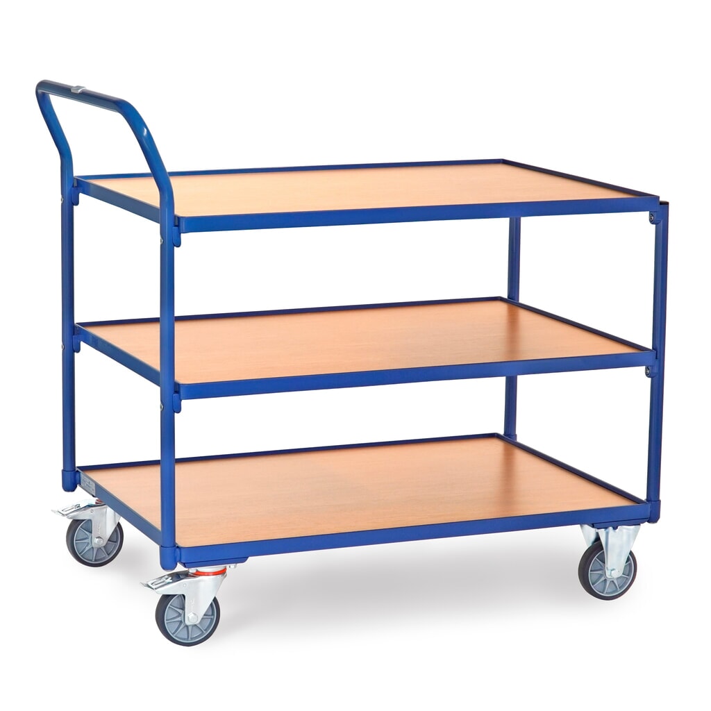 Product afbeelding: Tafelwagen fetra®, draagvermogen 300 kg, 3 etages van 1.000 x 700 mm, hoog aangebrachte duwbeugel