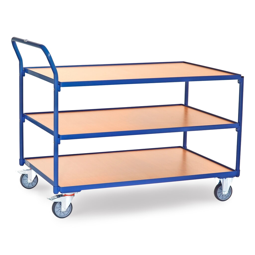 Product afbeelding: Tafelwagen fetra®, draagvermogen 300 kg, 3 etages van 1.200 x 800 mm, hoog aangebrachte duwbeugel