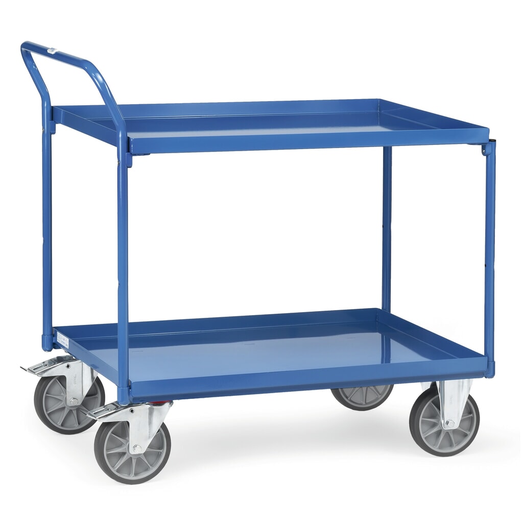 Tafelwagen fetra® met oliedichte lekbakken, 2 etages van 1.000 x 700 mm, hoog aangebrachte beugel Product afbeelding: Tafelwagen fetra® met oliedichte lekbakken, 2 etages van 1.000 x 700 mm, hoog aangebrachte beugel
