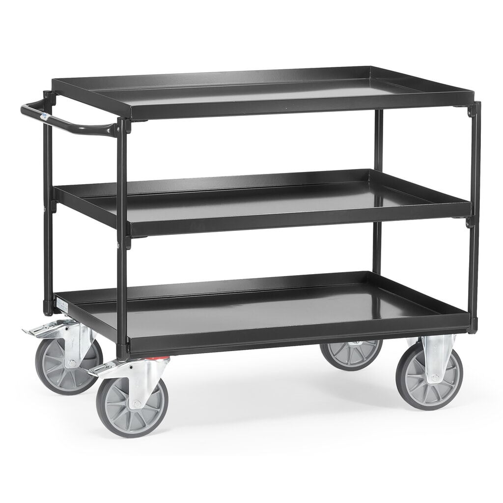 Tafelwagen fetra® met oliedichte lekbakken, 3 etages van 1.000 x 700 mm, horizontale beugel, antracietgrijs Product afbeelding: Tafelwagen fetra® met oliedichte lekbakken, 3 etages van 1.000 x 700 mm, horizontale beugel, antracietgrijs