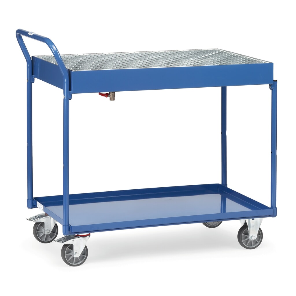Tafelwagen fetra® met oliedichte lekbakken, rooster en aftapkraan Product afbeelding: Tafelwagen fetra® met oliedichte lekbakken, rooster en aftapkraan