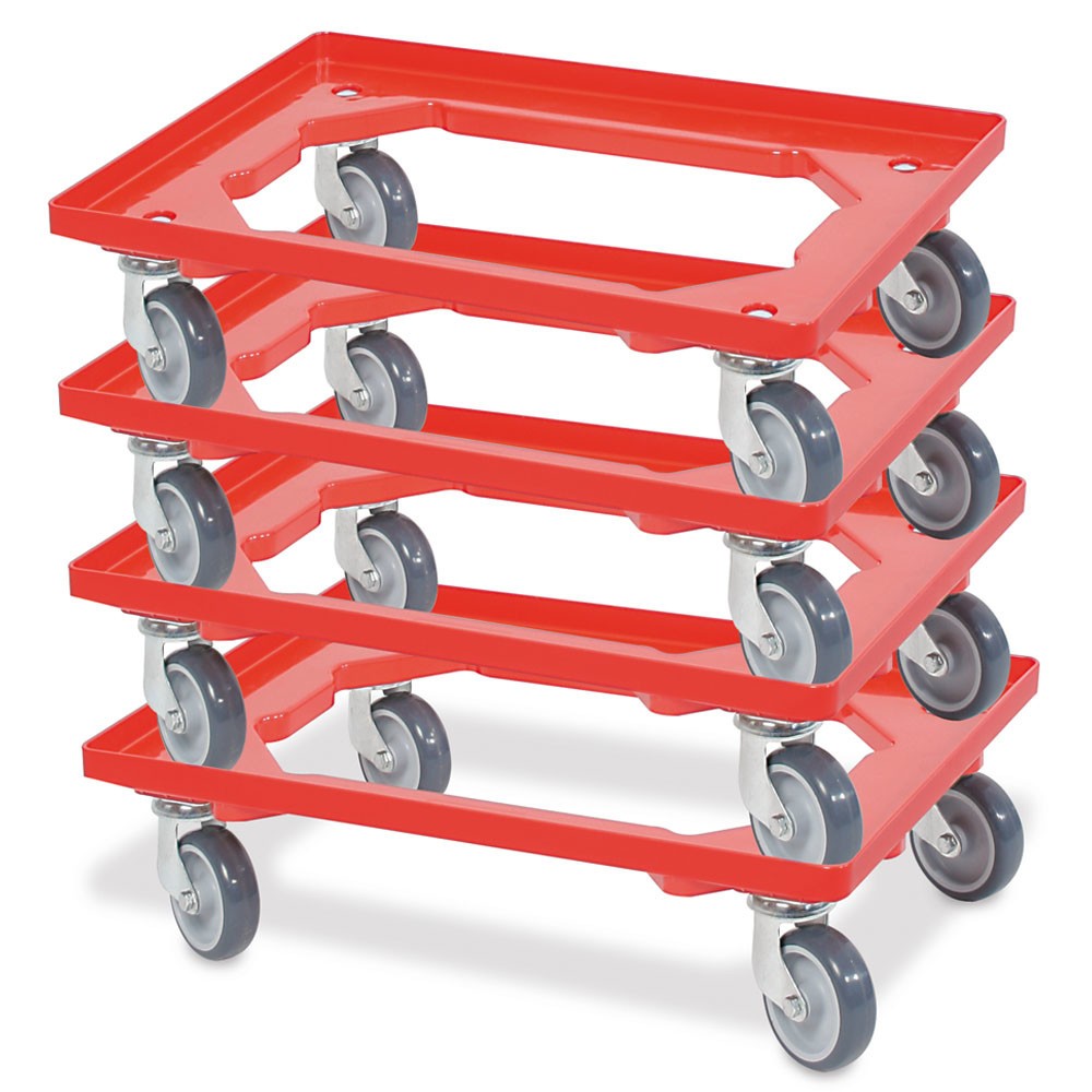 Productafbeelding nr. 2: Transportroller voor euro-stapelbakken 600x400 mm rood, 4 zwenkwielen, grijze rubberen banden